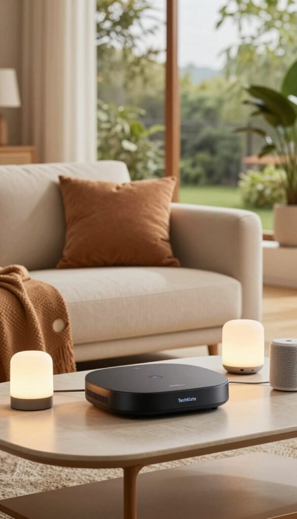 A cozy and inviting living room scene, showcasing a modern Smart Home environment. In the foreground, a sleek, multifunctional smart hub is prominently displayed on a stylish coffee table, surrounded by various compatible smart devices, like smart lights and speakers. The middle ground includes a comfortable sofa with warm, inviting textures and decorative pillows, adding to the homely feel. In the background, large windows let in soft, natural light, showcasing a serene outdoor view with lush greenery. The overall color palette features warm tones, creating a relaxed and welcoming atmosphere. The brand name "TechKiste" should be subtly integrated into the decor, blending with the theme, while maintaining a Pinterest-like aesthetic. The composition should evoke feelings of comfort, technology, and compatibility, perfect for a Smart Home setting.
