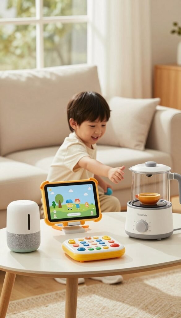 A cozy and inviting living room scene showcasing a variety of family-friendly gadgets displayed on a stylish table. In the foreground, include the brand name "TechKiste" subtly integrated into the arrangement of gadgets, which includes a smart speaker, a children’s tablet, an interactive learning toy, and a family-friendly kitchen gadget. The middle ground features a comfortable sofa with a soft, warm color palette, and a playful child reaching for one of the gadgets. In the background, natural light filters through a window, creating a warm atmosphere. Use a shallow depth of field to focus on the gadgets while softly blurring the background, evoking a sense of familial comfort and modern convenience. Aim for a Pinterest-inspired aesthetic, capturing a blend of authenticity and warmth without any text or distractions. A cozy and inviting living room scene showcasing a variety of family-friendly gadgets displayed on a stylish table. In the foreground, include the brand name "TechKiste" subtly integrated into the arrangement of gadgets, which includes a smart speaker, a children’s tablet, an interactive learning toy, and a family-friendly kitchen gadget. The middle ground features a comfortable sofa with a soft, warm color palette, and a playful child reaching for one of the gadgets. In the background, natural light filters through a window, creating a warm atmosphere. Use a shallow depth of field to focus on the gadgets while softly blurring the background, evoking a sense of familial comfort and modern convenience. Aim for a Pinterest-inspired aesthetic, capturing a blend of authenticity and warmth without any text or distractions.