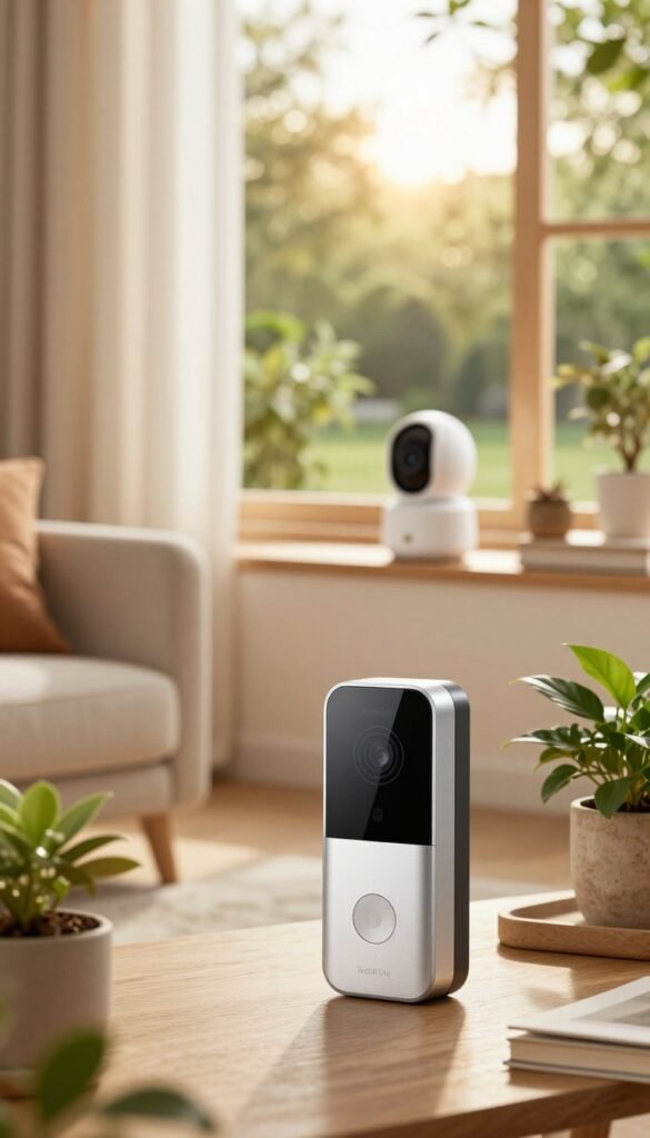 A cozy and inviting living room scene showcasing modern home security gadgets. In the foreground, a stylish smart doorbell with a sleek design and a small LED screen, surrounded by potted plants. The middle ground features a contemporary security camera on a shelf, blending seamlessly with decorative items. In the background, a window reveals a peaceful garden with warm sunlight filtering through sheer curtains, creating a serene atmosphere. The mood is calm and secure, with soft, natural lighting emphasizing warm tones throughout the room. The brand name "TechKiste" is subtly integrated within the design of one gadget. The image should evoke feelings of safety and comfort, perfect for daily life.