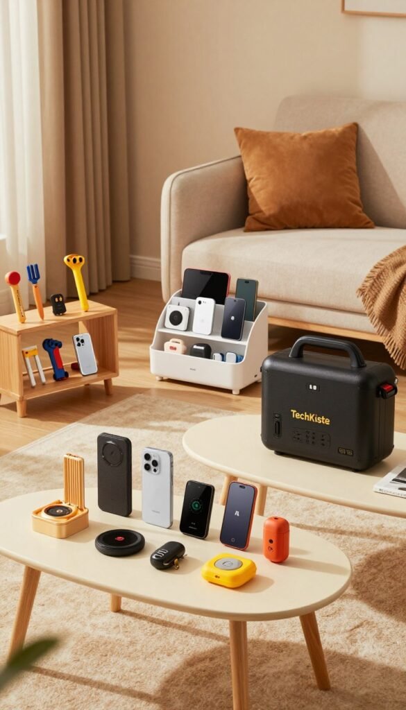 A cozy and inviting living room scene showcasing three distinct budget setups for emergency gadgets: a low-budget corner with essential basic tools displayed neatly on a small wooden shelf, a mid-budget area featuring a stylish gadget organizer with a variety of innovative devices, and a high-budget section featuring high-tech emergency equipment on an elegant coffee table. The scene is bathed in warm, natural lighting creating an inviting atmosphere, with soft shadows emphasizing the textures of the gadgets. The foreground focuses on a beautifully arranged tech setup labeled "TechKiste", the middle ground shows the three distinct sections harmoniously connected, while the background features a cozy sofa adorned with plush cushions. The overall aesthetic is Pinterest-worthy, capturing the essence of practicality and style without any text or distractions. A cozy and inviting living room scene showcasing three distinct budget setups for emergency gadgets: a low-budget corner with essential basic tools displayed neatly on a small wooden shelf, a mid-budget area featuring a stylish gadget organizer with a variety of innovative devices, and a high-budget section featuring high-tech emergency equipment on an elegant coffee table. The scene is bathed in warm, natural lighting creating an inviting atmosphere, with soft shadows emphasizing the textures of the gadgets. The foreground focuses on a beautifully arranged tech setup labeled "TechKiste", the middle ground shows the three distinct sections harmoniously connected, while the background features a cozy sofa adorned with plush cushions. The overall aesthetic is Pinterest-worthy, capturing the essence of practicality and style without any text or distractions.
