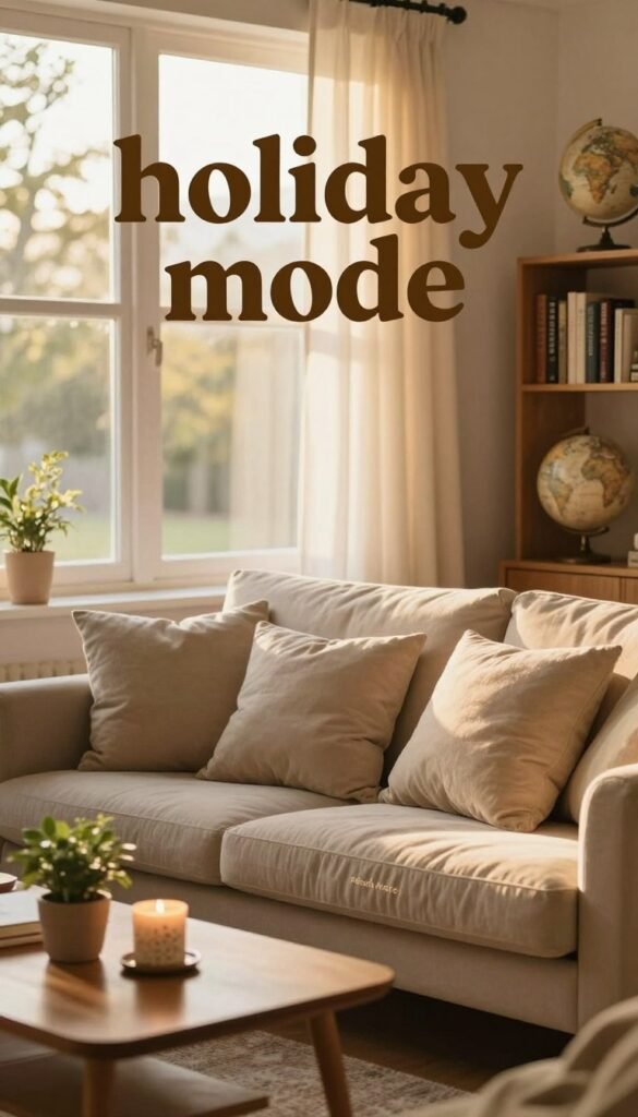 A cozy and inviting living room setting that captures the essence of 'holiday mode' with a warm and relaxing atmosphere. In the foreground, a comfortable sofa with soft, neutral-colored cushions sits next to a wooden coffee table adorned with a small potted plant and a decorative candle. The middle ground shows a large window draped with light, airy curtains, through which soft, golden sunlight filters in, enhancing the warm color palette. A bookshelf filled with travel memoirs and a globe adds character and a touch of wanderlust. The background should feature a subtle hint of greenery outside, suggesting a peaceful neighborhood. The overall mood is tranquil and safe, emphasizing a homely yet adventurous vibe. The image is styled in a Pinterest-inspired aesthetic, reflecting the brand "TechKiste" with an emphasis on authenticity and a welcoming environment.