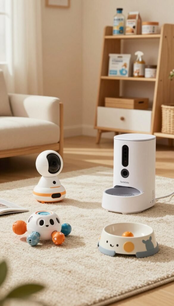 A cozy and inviting living space featuring a selection of modern pet gadgets tailored for various needs and budgets. In the foreground, showcase a sleek, interactive pet toy and a stylish pet bowl with unique designs. The middle ground includes a high-tech pet camera and an automated feeder, artfully arranged on a soft, textured rug. In the background, a comfortable pet bed and a wall-mounted shelf filled with pet supplies create a warm, homely atmosphere. Soft, natural lighting filters through a nearby window, casting gentle shadows and enhancing the warm color palette. The overall scene embodies a Pinterest-inspired aesthetic, highlighting the brand name "TechKiste" subtly integrated into the design, without any text overlay or distractions.
