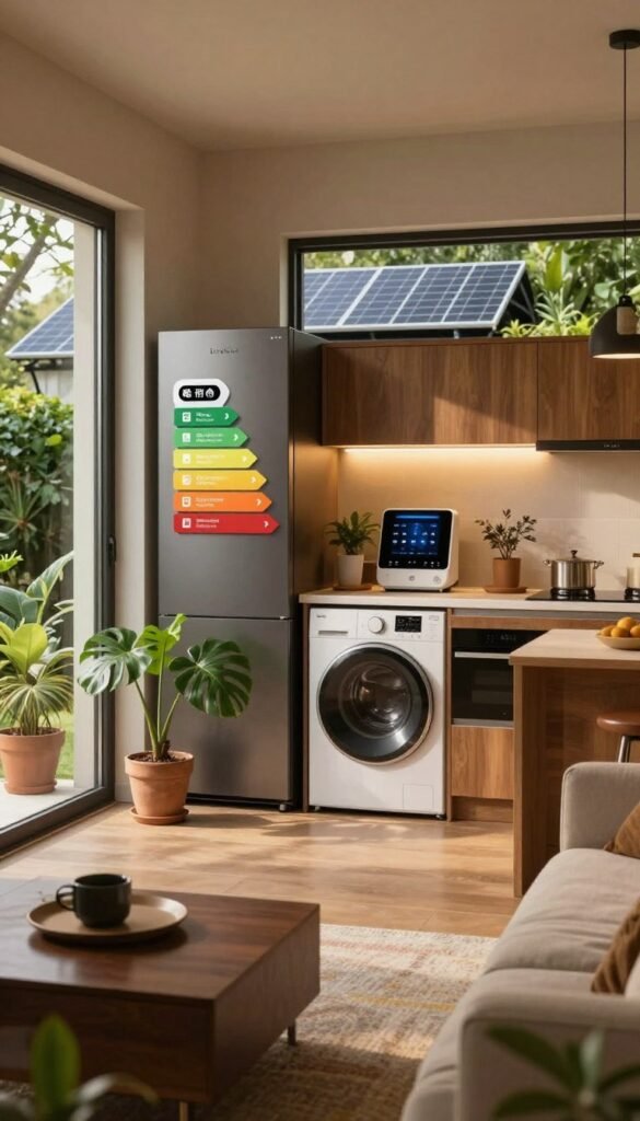 A cozy and inviting modern home interior showcasing the benefits of energy efficiency and comfort. In the foreground, a sleek living room with a large window letting in soft, natural light, adorned with potted plants and energy-efficient appliances. The middle ground features a stylish kitchen equipped with smart devices, emphasizing low-maintenance features. The background should depict an inviting outdoor space, like a sustainable garden or solar panels on the roof, surrounded by greenery, creating a harmonious atmosphere. The overall mood is warm and inviting, with rich, warm colors and a Pinterest-inspired aesthetic. Include subtle branding elements of "TechKiste" integrated into the decor, ensuring they are not intrusive or distracting. The scene should evoke a sense of comfort, efficiency, and modern living. A cozy and inviting modern home interior showcasing the benefits of energy efficiency and comfort. In the foreground, a sleek living room with a large window letting in soft, natural light, adorned with potted plants and energy-efficient appliances. The middle ground features a stylish kitchen equipped with smart devices, emphasizing low-maintenance features. The background should depict an inviting outdoor space, like a sustainable garden or solar panels on the roof, surrounded by greenery, creating a harmonious atmosphere. The overall mood is warm and inviting, with rich, warm colors and a Pinterest-inspired aesthetic. Include subtle branding elements of "TechKiste" integrated into the decor, ensuring they are not intrusive or distracting. The scene should evoke a sense of comfort, efficiency, and modern living.