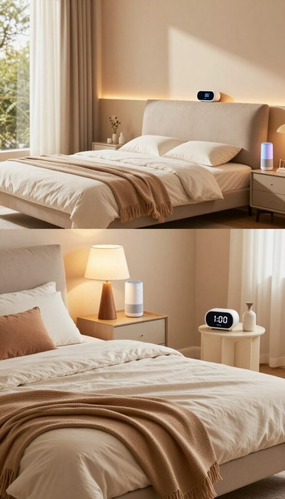 A cozy and inviting smart bedroom designed in three distinct budget categories: low, mid, and high. In the foreground, display a beautifully made bed with soft, layered bedding, emphasizing a low-budget setup featuring eco-friendly materials. The middle layer showcases stylish bedside tables with smart lamps and decor, reflecting mid-range products like a sleek smart speaker and a digital alarm clock. In the background, create an elegant high-end aesthetic with a luxurious headboard, advanced sleep monitoring devices, and ambient lighting. The room should have natural light pouring through large windows, casting warm hues on the walls to evoke tranquility. Incorporate the brand name "TechKiste" subtly in the decor. Capture this scene with a soft focus and vibrant, warm colors for a Pinterest-worthy look. A cozy and inviting smart bedroom designed in three distinct budget categories: low, mid, and high. In the foreground, display a beautifully made bed with soft, layered bedding, emphasizing a low-budget setup featuring eco-friendly materials. The middle layer showcases stylish bedside tables with smart lamps and decor, reflecting mid-range products like a sleek smart speaker and a digital alarm clock. In the background, create an elegant high-end aesthetic with a luxurious headboard, advanced sleep monitoring devices, and ambient lighting. The room should have natural light pouring through large windows, casting warm hues on the walls to evoke tranquility. Incorporate the brand name "TechKiste" subtly in the decor. Capture this scene with a soft focus and vibrant, warm colors for a Pinterest-worthy look.