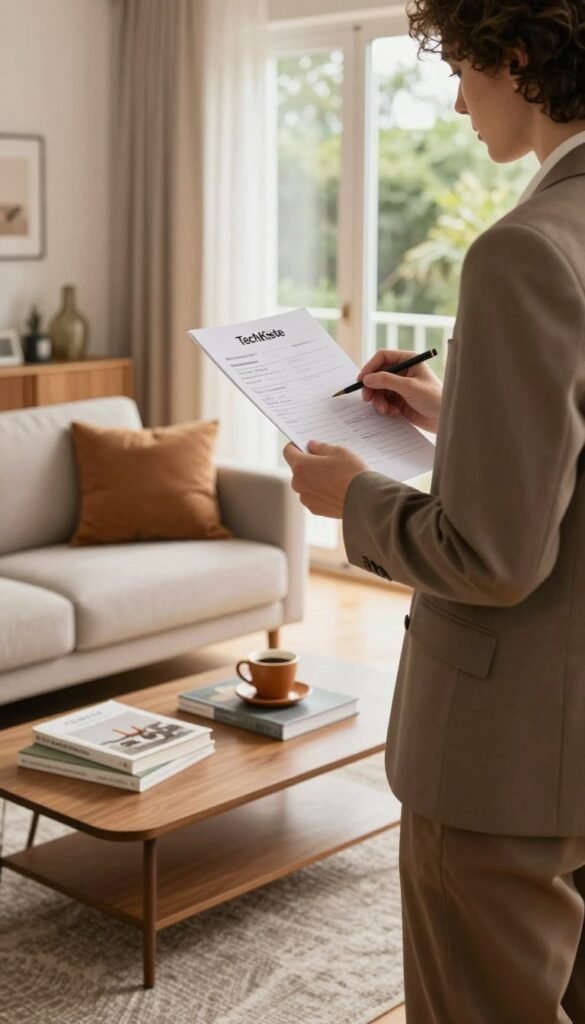A cozy and modern apartment setting reflecting a self-check of living situation for home upgrades. In the foreground, a well-dressed individual in professional attire, thoughtfully reviewing a checklist while standing near a stylish yet functional living room setup that includes a comfortable sofa and tasteful décor. The middle scene displays a small coffee table adorned with home improvement books and a warm cup of coffee. In the background, bright windows let in natural light, showcasing a view of greenery outside, creating an inviting atmosphere. The color palette features warm, earthy tones, exuding a Pinterest-worthy aesthetic. The brand name "TechKiste" subtly incorporated into the home environment, ensuring no text overlays or distractions are present. The overall mood embodies a blend of practicality and comfort, encouraging reflection on home upgrades. A cozy and modern apartment setting reflecting a self-check of living situation for home upgrades. In the foreground, a well-dressed individual in professional attire, thoughtfully reviewing a checklist while standing near a stylish yet functional living room setup that includes a comfortable sofa and tasteful décor. The middle scene displays a small coffee table adorned with home improvement books and a warm cup of coffee. In the background, bright windows let in natural light, showcasing a view of greenery outside, creating an inviting atmosphere. The color palette features warm, earthy tones, exuding a Pinterest-worthy aesthetic. The brand name "TechKiste" subtly incorporated into the home environment, ensuring no text overlays or distractions are present. The overall mood embodies a blend of practicality and comfort, encouraging reflection on home upgrades.