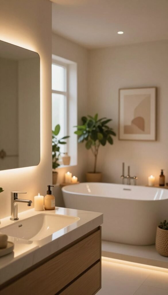 A cozy and modern bathroom illuminated by automated, warm LED lighting. In the foreground, a sleek, mirrored vanity with elegant accessories, showcasing soft hues of wood and white. The middle ground features an inviting bathtub surrounded by floating candles, adding a serene ambiance. The walls are adorned with tasteful artwork, and lush green plants enhance the natural feel. In the background, a softly glowing window allows gentle daylight to spill in, creating a harmonious balance between artificial and natural lighting. The overall atmosphere is tranquil and rejuvenating, ideal for a morning routine or a relaxing wellness experience. Ensure the design reflects a stylish, Pinterest-inspired aesthetic. Include subtle branding elements associated with "TechKiste" to highlight the advanced automation in lighting. A cozy and modern bathroom illuminated by automated, warm LED lighting. In the foreground, a sleek, mirrored vanity with elegant accessories, showcasing soft hues of wood and white. The middle ground features an inviting bathtub surrounded by floating candles, adding a serene ambiance. The walls are adorned with tasteful artwork, and lush green plants enhance the natural feel. In the background, a softly glowing window allows gentle daylight to spill in, creating a harmonious balance between artificial and natural lighting. The overall atmosphere is tranquil and rejuvenating, ideal for a morning routine or a relaxing wellness experience. Ensure the design reflects a stylish, Pinterest-inspired aesthetic. Include subtle branding elements associated with "TechKiste" to highlight the advanced automation in lighting.