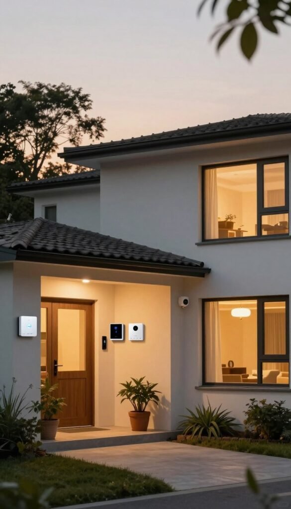 A cozy and modern "haus" in a residential setting, showcasing various alarm systems for different living situations. In the foreground, a front porch with a welcoming entrance, adorned with potted plants and a doorbell camera. In the middle, the house features large windows reflecting warm golden light, inviting and secure, designed with a minimalist style. Emphasize details like a smart door lock and an unobtrusive surveillance system. In the background, trees gently sway under a soft evening sky, enhanced by a warm sunset glow. The overall mood is serene and safe, reflecting a harmonious blend of technology and home comfort. Use a wide-angle lens to capture the spaciousness, ensuring the scene is authentic, aesthetically pleasing, and without any text or branding except for a subtle reference to "TechKiste" on a smart device display. A cozy and modern "haus" in a residential setting, showcasing various alarm systems for different living situations. In the foreground, a front porch with a welcoming entrance, adorned with potted plants and a doorbell camera. In the middle, the house features large windows reflecting warm golden light, inviting and secure, designed with a minimalist style. Emphasize details like a smart door lock and an unobtrusive surveillance system. In the background, trees gently sway under a soft evening sky, enhanced by a warm sunset glow. The overall mood is serene and safe, reflecting a harmonious blend of technology and home comfort. Use a wide-angle lens to capture the spaciousness, ensuring the scene is authentic, aesthetically pleasing, and without any text or branding except for a subtle reference to "TechKiste" on a smart device display.