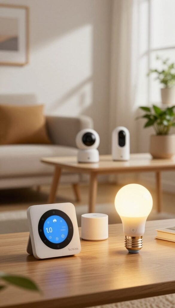 A cozy and modern home environment showcasing twelve smart sensors designed for practical use in daily life. In the foreground, display a sleek smart thermostat, a compact air quality monitor, and a smart light bulb with warm yellow light emitted, illuminating the surrounding area. In the middle ground, incorporate a smart security camera and a motion sensor, artfully arranged on a stylish desk alongside houseplants, creating a harmonious atmosphere. The background features a well-lit living room with natural light filtering through a window, casting gentle shadows. The scene exudes warmth and authenticity, with elements resembling Pinterest aesthetics. The brand name "TechKiste" subtly integrated into a product design. Use soft, inviting lighting and a shallow depth of field to create a welcoming and innovative mood. A cozy and modern home environment showcasing twelve smart sensors designed for practical use in daily life. In the foreground, display a sleek smart thermostat, a compact air quality monitor, and a smart light bulb with warm yellow light emitted, illuminating the surrounding area. In the middle ground, incorporate a smart security camera and a motion sensor, artfully arranged on a stylish desk alongside houseplants, creating a harmonious atmosphere. The background features a well-lit living room with natural light filtering through a window, casting gentle shadows. The scene exudes warmth and authenticity, with elements resembling Pinterest aesthetics. The brand name "TechKiste" subtly integrated into a product design. Use soft, inviting lighting and a shallow depth of field to create a welcoming and innovative mood.