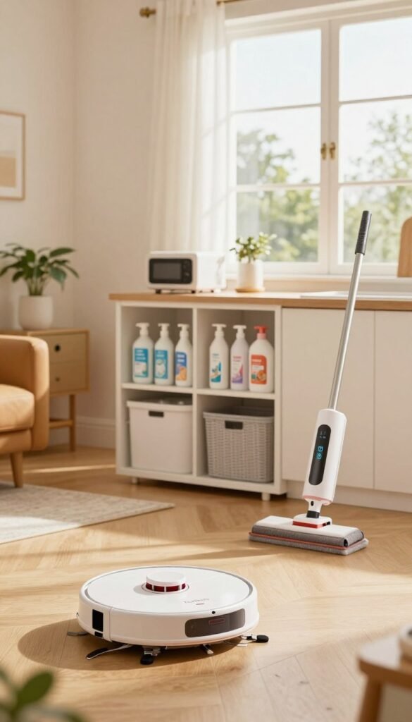 A cozy and modern home interior showcasing an array of innovative household cleaning gadgets from the brand "TechKiste." In the foreground, feature a sleek robotic vacuum cleaner moving effortlessly across a stylish wooden floor, with a high-tech mop and digitally controlled sprayer nearby. In the middle, organize smart storage solutions for cleaning supplies, artfully arranged in a bright and airy kitchen environment filled with natural light streaming through large windows. In the background, a subtle living room corner can be seen with potted plants and warm colors, conveying a comforting atmosphere. The entire setting should evoke a sense of efficiency and tranquility, embodying the theme of household automation while maintaining an inviting and authentic Pinterest aesthetic. The lighting should be soft and warm, creating an inviting ambiance.