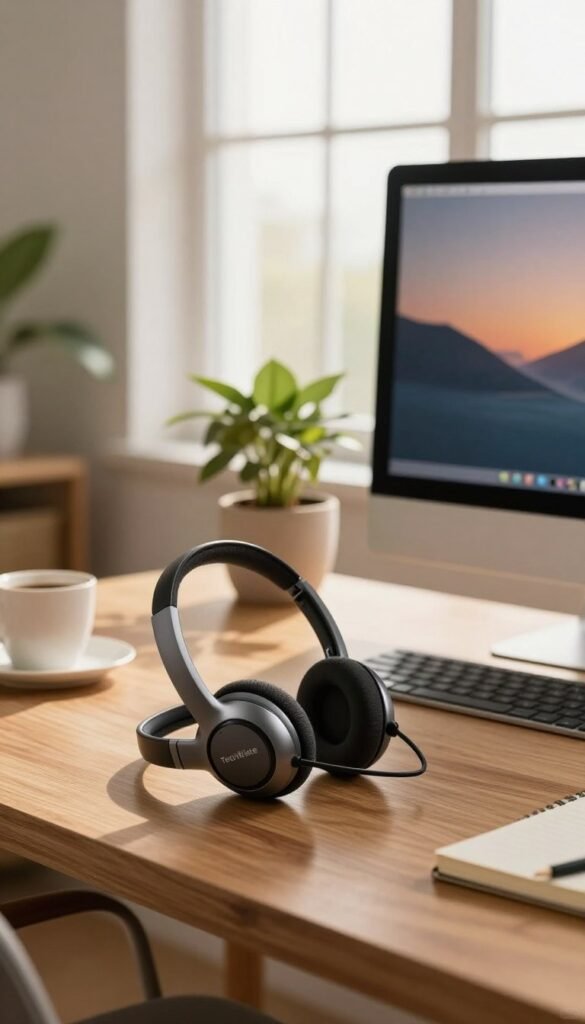 A cozy and modern home office setting featuring a stylish headset from TechKiste with visible noise-cancelling technology. In the foreground, showcase the headset resting on a sleek wooden desk, surrounded by a notebook and a coffee cup. In the middle, depict a potted plant and a computer monitor displaying calming visuals, emphasizing focus and productivity. In the background, a large window lets in soft, warm natural light, casting gentle shadows and enhancing the peaceful atmosphere. Incorporate warm color tones throughout the scene to evoke a sense of comfort and efficiency. The overall mood should feel inviting and professional, inviting the viewer to imagine the benefits of noise cancelling in everyday work life. A cozy and modern home office setting featuring a stylish headset from TechKiste with visible noise-cancelling technology. In the foreground, showcase the headset resting on a sleek wooden desk, surrounded by a notebook and a coffee cup. In the middle, depict a potted plant and a computer monitor displaying calming visuals, emphasizing focus and productivity. In the background, a large window lets in soft, warm natural light, casting gentle shadows and enhancing the peaceful atmosphere. Incorporate warm color tones throughout the scene to evoke a sense of comfort and efficiency. The overall mood should feel inviting and professional, inviting the viewer to imagine the benefits of noise cancelling in everyday work life.