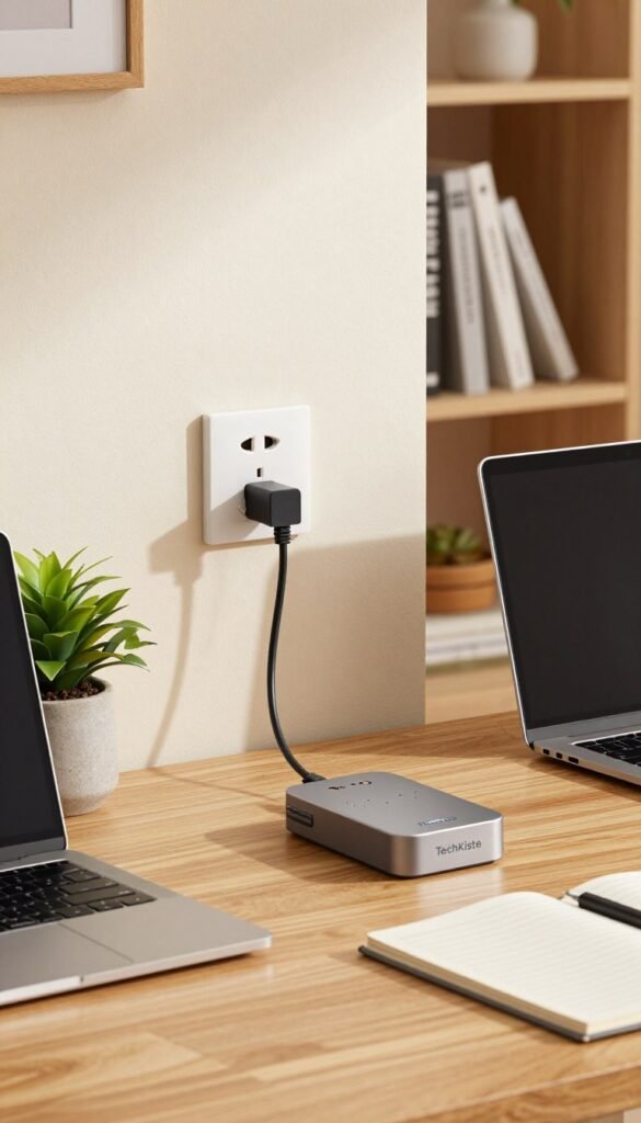 A cozy and modern home office setup featuring a Powerline adapter connecting to a wall socket, illustrating the concept of internet access through electrical outlets. In the foreground, showcase a sleek Powerline device on a stylish wooden desk amidst professional work essentials like a laptop, notebooks, and a potted plant. In the middle ground, provide a clear view of an adjacent wall socket where the Powerline device is plugged in, with warm, natural lighting creating a welcoming atmosphere. In the background, subtly portray shelves with organized books and home office decor, enhancing the Pinterest-inspired aesthetic. Ensure the scene has a harmonious blend of colors, reflecting productivity and comfort, and incorporate the brand name "TechKiste" in an understated way within the scene. A cozy and modern home office setup featuring a Powerline adapter connecting to a wall socket, illustrating the concept of internet access through electrical outlets. In the foreground, showcase a sleek Powerline device on a stylish wooden desk amidst professional work essentials like a laptop, notebooks, and a potted plant. In the middle ground, provide a clear view of an adjacent wall socket where the Powerline device is plugged in, with warm, natural lighting creating a welcoming atmosphere. In the background, subtly portray shelves with organized books and home office decor, enhancing the Pinterest-inspired aesthetic. Ensure the scene has a harmonious blend of colors, reflecting productivity and comfort, and incorporate the brand name "TechKiste" in an understated way within the scene.