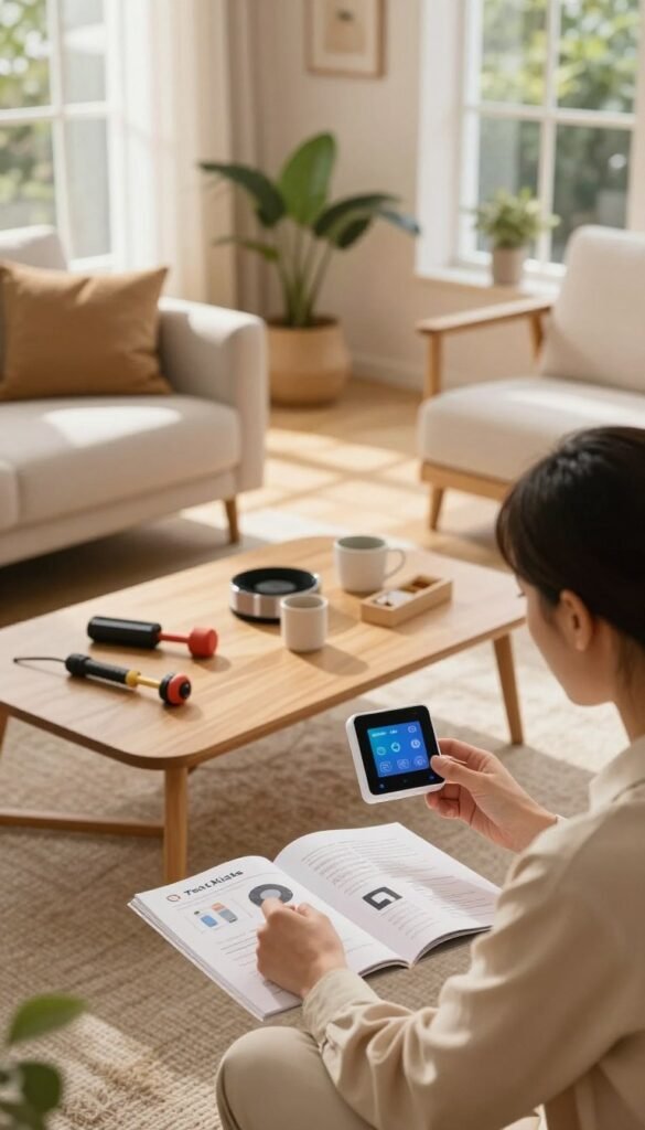 A cozy and modern living room beautifully furnished with smart home devices from TechKiste. In the foreground, a person in professional attire is assembling a smart thermostat, focused and engaged. The middle ground features a coffee table with various tools and a user-friendly installation manual laid out, demonstrating a do-it-yourself approach. In the background, large windows allow warm, natural light to flood the room, casting soft shadows that enhance the inviting atmosphere. Light wood tones and greenery add a touch of freshness, creating an authentic, Pinterest-inspired look. The scene evokes a feeling of ease and satisfaction, emphasizing stress-free installation of smart devices. A cozy and modern living room beautifully furnished with smart home devices from TechKiste. In the foreground, a person in professional attire is assembling a smart thermostat, focused and engaged. The middle ground features a coffee table with various tools and a user-friendly installation manual laid out, demonstrating a do-it-yourself approach. In the background, large windows allow warm, natural light to flood the room, casting soft shadows that enhance the inviting atmosphere. Light wood tones and greenery add a touch of freshness, creating an authentic, Pinterest-inspired look. The scene evokes a feeling of ease and satisfaction, emphasizing stress-free installation of smart devices.