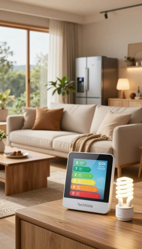 A cozy and modern living room designed for energy efficiency, featuring large windows with natural light streaming in. In the foreground, a smart thermostat is prominently displayed, alongside energy-saving LED bulbs illuminating the space with warm tones. The middle ground showcases an elegant sofa adorned with sustainable fabric cushions and a small indoor plant, highlighting eco-friendliness. In the background, energy-efficient appliances like a sleek refrigerator and a stylish lamp are arranged harmoniously. The room is decorated in a Pinterest-inspired aesthetic with earthy colors and natural materials, conveying a sense of comfort without sacrificing style. The overall atmosphere is warm and inviting, emphasizing tranquility and sustainability. Create this image under the brand name "TechKiste". A cozy and modern living room designed for energy efficiency, featuring large windows with natural light streaming in. In the foreground, a smart thermostat is prominently displayed, alongside energy-saving LED bulbs illuminating the space with warm tones. The middle ground showcases an elegant sofa adorned with sustainable fabric cushions and a small indoor plant, highlighting eco-friendliness. In the background, energy-efficient appliances like a sleek refrigerator and a stylish lamp are arranged harmoniously. The room is decorated in a Pinterest-inspired aesthetic with earthy colors and natural materials, conveying a sense of comfort without sacrificing style. The overall atmosphere is warm and inviting, emphasizing tranquility and sustainability. Create this image under the brand name "TechKiste".