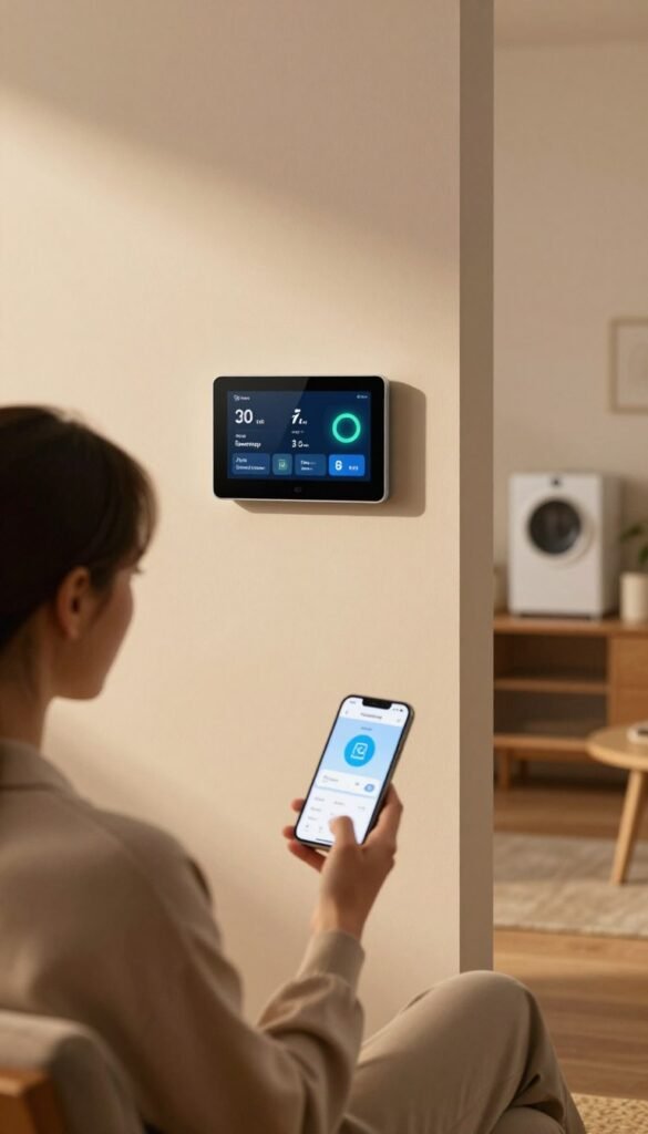 A cozy and modern living room featuring a sleek, stylish energy monitoring dashboard displaying real-time data on energy consumption. In the foreground, a professional-looking individual, dressed in smart casual attire, interacts with their smartphone, using a smart energy app. In the middle, a minimalist smart meter is mounted on the wall, surrounded by warm, inviting colors that radiate a comfortable atmosphere. The background showcases energy-efficient appliances and soft ambient lighting, enhancing the mood of sustainability. The image captures a blend of modern technology and homely charm, with the brand name "TechKiste" subtly integrated into the design elements. The overall aesthetic should reflect authenticity with natural imagery and Pinterest-worthy style.