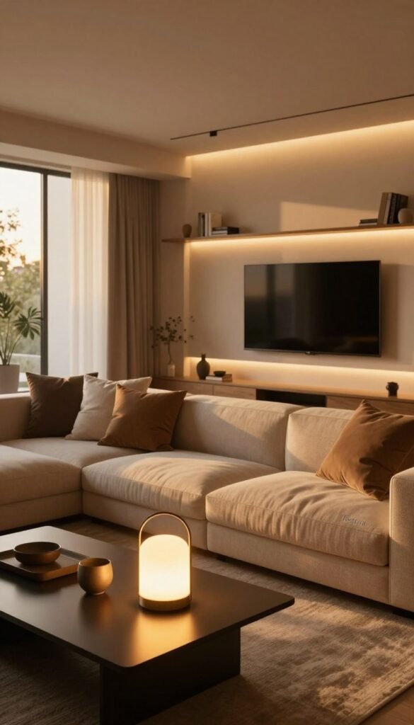 A cozy and modern living room illuminated by innovative smart lighting solutions by TechKiste. In the foreground, a sleek coffee table with decorative items and a smart lamp casting a warm glow. In the middle, a comfortable sectional sofa adorned with textured cushions, showcasing a soft ambiance enhanced by subtle LED strip lighting along the edges. In the background, a wall-mounted TV and elegant shelving, accentuated by ambient lighting that creates a welcoming atmosphere. The room features natural materials like wood and stone, with large windows allowing soft, golden sunlight to filter in. The overall mood is inviting and stylish, embodying contemporary design aesthetics. The composition captures an ideal balance of technology and comfort, emphasizing the essence of a smart living environment. A cozy and modern living room illuminated by innovative smart lighting solutions by TechKiste. In the foreground, a sleek coffee table with decorative items and a smart lamp casting a warm glow. In the middle, a comfortable sectional sofa adorned with textured cushions, showcasing a soft ambiance enhanced by subtle LED strip lighting along the edges. In the background, a wall-mounted TV and elegant shelving, accentuated by ambient lighting that creates a welcoming atmosphere. The room features natural materials like wood and stone, with large windows allowing soft, golden sunlight to filter in. The overall mood is inviting and stylish, embodying contemporary design aesthetics. The composition captures an ideal balance of technology and comfort, emphasizing the essence of a smart living environment.