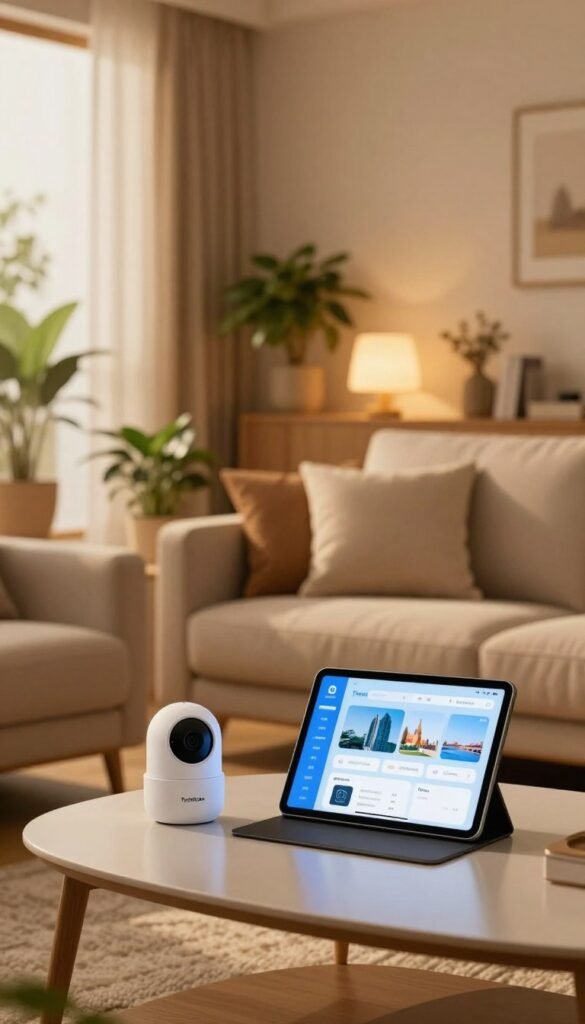 A cozy and modern living room interior featuring smart home devices such as a smart thermostat, smart security cameras, and automated lighting systems by "TechKiste." In the foreground, a sleek coffee table holds a tablet displaying a home automation app. The middle ground includes a comfortable sofa with soft cushions, surrounded by potted plants and warm ambient lighting that creates an inviting atmosphere. In the background, a large window lets in natural light, enhancing the warm color palette. The scene conveys a sense of professionalism and safety, emphasizing a harmonious living environment where technology and comfort blend seamlessly. Shot with a warm lens to highlight the inviting atmosphere, evoking feelings of trust and peace of mind in home automation. A cozy and modern living room interior featuring smart home devices such as a smart thermostat, smart security cameras, and automated lighting systems by "TechKiste." In the foreground, a sleek coffee table holds a tablet displaying a home automation app. The middle ground includes a comfortable sofa with soft cushions, surrounded by potted plants and warm ambient lighting that creates an inviting atmosphere. In the background, a large window lets in natural light, enhancing the warm color palette. The scene conveys a sense of professionalism and safety, emphasizing a harmonious living environment where technology and comfort blend seamlessly. Shot with a warm lens to highlight the inviting atmosphere, evoking feelings of trust and peace of mind in home automation.