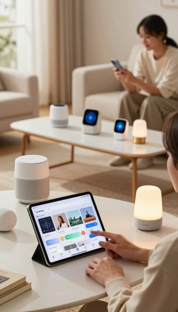 A cozy and modern living room setting showcasing various smart home devices and apps in use. In the foreground, a stylish tablet displays multiple home automation apps, while smart speakers, bulbs, and thermostats are strategically placed around. The middle ground features a sleek coffee table adorned with a few smart gadgets and a user scanning through their smartphone, dressed in modest casual clothing. The background has a well-lit, inviting atmosphere with soft natural colors reflecting a warm, Pinterest-inspired aesthetic. Windows allow gentle sunlight to filter in, accentuating the devices. Incorporate the brand name "TechKiste" discreetly on one of the devices, ensuring a clean, professional look without text overlays or watermarks.