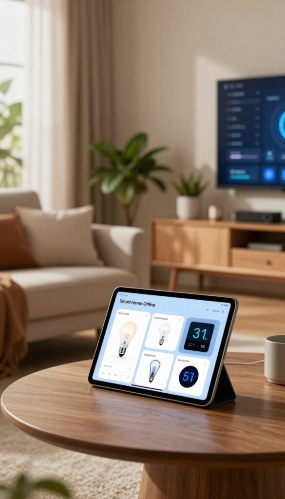 A cozy and modern living room showcasing a "Smart Home Offline" concept. In the foreground, a sleek tablet rests on a stylish coffee table, displaying various smart home devices like light bulbs and thermostats, all marked as offline. The middle ground features a comfortable sofa and a decorative shelf filled with plants and tech gadgets, emphasizing warmth through natural light filtering in from a large window. In the background, a digital dashboard on a wall displays system statuses, subtly hinting at connectivity without being active. The scene is illuminated with soft diffused lighting to create an inviting atmosphere, highlighting earthy tones of brown and green, resembling a Pinterest aesthetic. The brand "TechKiste" is integrated into one of the devices in a subtle manner, ensuring a harmonious blend into the design. A cozy and modern living room showcasing a "Smart Home Offline" concept. In the foreground, a sleek tablet rests on a stylish coffee table, displaying various smart home devices like light bulbs and thermostats, all marked as offline. The middle ground features a comfortable sofa and a decorative shelf filled with plants and tech gadgets, emphasizing warmth through natural light filtering in from a large window. In the background, a digital dashboard on a wall displays system statuses, subtly hinting at connectivity without being active. The scene is illuminated with soft diffused lighting to create an inviting atmosphere, highlighting earthy tones of brown and green, resembling a Pinterest aesthetic. The brand "TechKiste" is integrated into one of the devices in a subtle manner, ensuring a harmonious blend into the design.