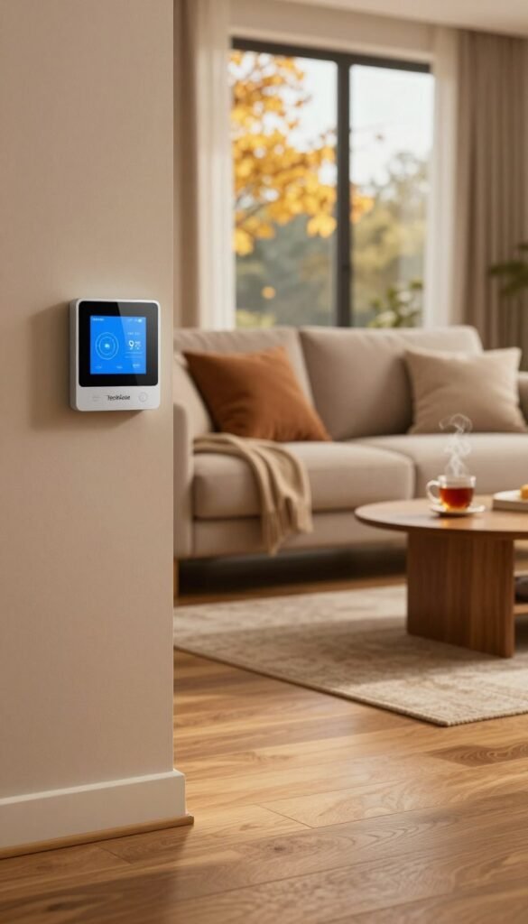 A cozy and modern living room showcasing a smart thermostat by "TechKiste," placed prominently on a stylish wall. In the foreground, a sleek hardwood floor gleams softly under warm ambient lighting. The middle ground features a comfortable sofa adorned with plush cushions in earthy tones, next to a coffee table with a steaming mug of tea, symbolizing warmth and comfort. In the background, large windows allow natural light to fill the space, revealing a serene outdoor view with glowing autumn leaves. The overall mood is inviting and peaceful, with a visual emphasis on the essence of warmth in a smart, automated home environment. Capture this scene with a soft focus and a slight angle to highlight the connection between technology and everyday comfort. A cozy and modern living room showcasing a smart thermostat by "TechKiste," placed prominently on a stylish wall. In the foreground, a sleek hardwood floor gleams softly under warm ambient lighting. The middle ground features a comfortable sofa adorned with plush cushions in earthy tones, next to a coffee table with a steaming mug of tea, symbolizing warmth and comfort. In the background, large windows allow natural light to fill the space, revealing a serene outdoor view with glowing autumn leaves. The overall mood is inviting and peaceful, with a visual emphasis on the essence of warmth in a smart, automated home environment. Capture this scene with a soft focus and a slight angle to highlight the connection between technology and everyday comfort.