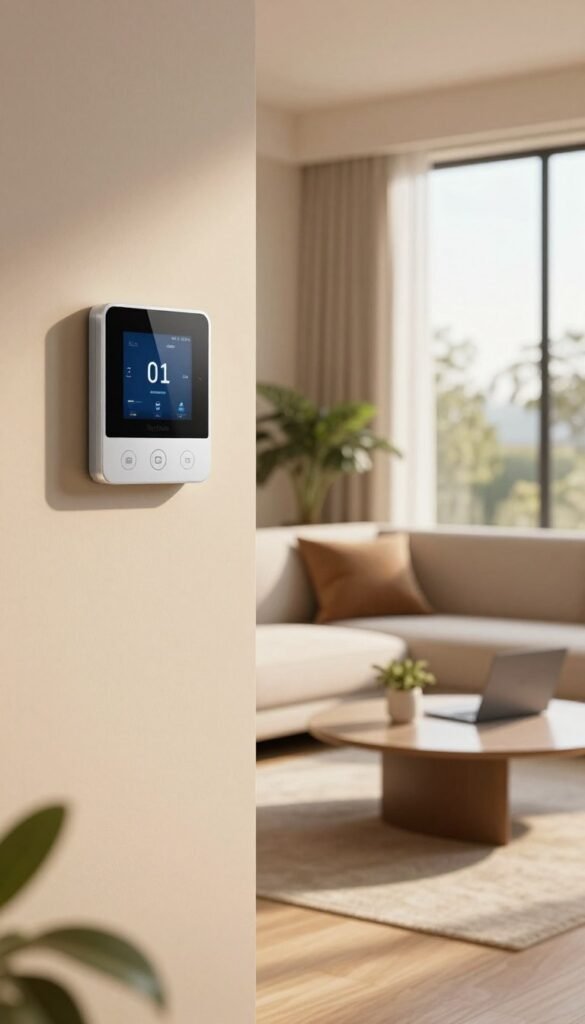 A cozy and modern living room showcasing a smart thermostat prominently on the wall. In the foreground, a stylish, minimalist device displaying a digital interface, with touch buttons and an elegant design. In the middle, a comfortable couch with soft cushions and a sleek coffee table adorned with a few decor pieces like a plant and a laptop open, symbolizing smart home integration. The background features a large window allowing natural light to flood the room, casting warm, inviting hues across the space. The overall mood is warm and welcoming, embodying the elegance and efficiency of smart heating control. The brand "TechKiste" is subtly integrated into the design of the thermostat. No text, labels, or watermarks present. A cozy and modern living room showcasing a smart thermostat prominently on the wall. In the foreground, a stylish, minimalist device displaying a digital interface, with touch buttons and an elegant design. In the middle, a comfortable couch with soft cushions and a sleek coffee table adorned with a few decor pieces like a plant and a laptop open, symbolizing smart home integration. The background features a large window allowing natural light to flood the room, casting warm, inviting hues across the space. The overall mood is warm and welcoming, embodying the elegance and efficiency of smart heating control. The brand "TechKiste" is subtly integrated into the design of the thermostat. No text, labels, or watermarks present.