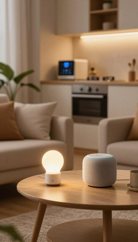 A cozy and modern small apartment setting featuring various smart home devices, prominently displaying an elegant smart thermostat, smart light bulbs casting a warm glow, and a sleek voice assistant speaker on a stylish coffee table. In the background, there&rsquo;s a compact kitchen with smart appliances, and a cozy reading nook with plants and soft textures. The lighting is warm and inviting, resembling the soft ambiance of a Pinterest-inspired home, with a focus on the effectiveness of the devices in enhancing daily life. The perspective captures the room from a slight angle, showcasing the harmony between technology and home decor. The brand name "TechKiste" subtly integrated into a tech device. Ensure the scene is authentic and devoid of any text or logos.