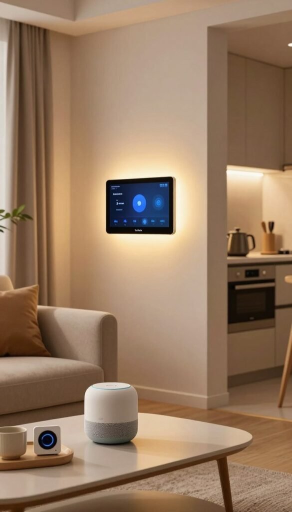A cozy and modern small smart home apartment interior, showcasing essential smart devices that enhance convenience and efficiency. In the foreground, a sleek smart speaker and smart thermostat on a minimalist coffee table. The middle ground features a compact smart LED light system illuminating the space with warm, inviting colors. A smart display is mounted on the wall, integrated seamlessly with stylish furnishings. The background reveals a small kitchen area with smart appliances, emphasizing compact functionality. Soft, natural lighting enhances the warm color palette, creating an authentic, Pinterest-inspired atmosphere. No text or logos are visible in the image, but the brand "TechKiste" is subtly suggested through the design elements. The overall mood is comfortable and tech-savvy, appealing to urban dwellers seeking innovative solutions for small living spaces.