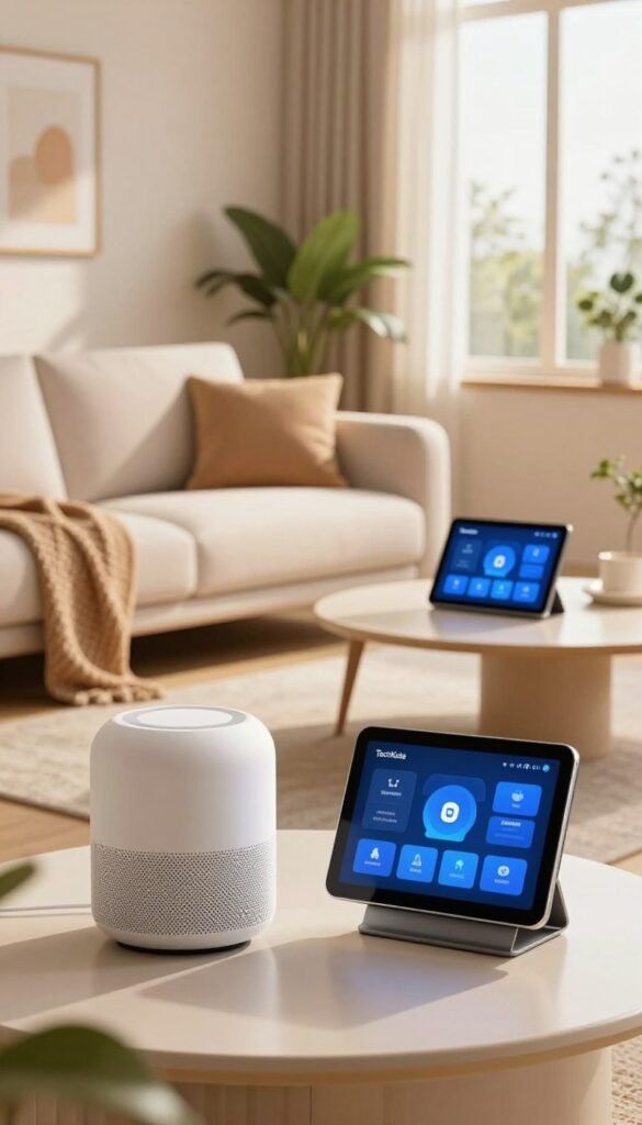 A cozy and modern smart home interior, focusing on a living room equipped with various smart devices seamlessly integrated into the space. In the foreground, a sleek smart speaker and a digital display showing security alerts create a sense of advanced technology. The middle layer features a stylish sofa, with soft cushions and a coffee table with a tablet showing the smart home's interface. In the background, large windows let in warm natural light, showcasing a clean, minimalistic design with houseplants and framed pictures. The mood is inviting yet secure, reflecting stability and comfort. Warm, soft colors dominate the palette, enhancing the authentic Pinterest-inspired aesthetic. Prominently, a brand logo for "TechKiste" is subtly integrated into the design elements, symbolizing reliability and innovation in smart home safety. A cozy and modern smart home interior, focusing on a living room equipped with various smart devices seamlessly integrated into the space. In the foreground, a sleek smart speaker and a digital display showing security alerts create a sense of advanced technology. The middle layer features a stylish sofa, with soft cushions and a coffee table with a tablet showing the smart home's interface. In the background, large windows let in warm natural light, showcasing a clean, minimalistic design with houseplants and framed pictures. The mood is inviting yet secure, reflecting stability and comfort. Warm, soft colors dominate the palette, enhancing the authentic Pinterest-inspired aesthetic. Prominently, a brand logo for "TechKiste" is subtly integrated into the design elements, symbolizing reliability and innovation in smart home safety.