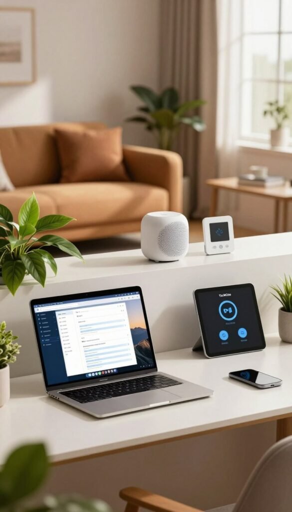 A cozy and modern smart home interior showcasing essential privacy features. In the foreground, a sleek, stylish desk with a laptop displaying cybersecurity software, vibrant green plants beside it. In the middle, a comfortable living space with smart devices like a smart speaker and thermostat, all safely nestled among warm-toned furnishings. The background features a window with soft natural light streaming in, creating an inviting atmosphere, with warm colors enhancing the authenticity of the scene. The overall mood is reassuring and professional, reflecting the importance of data privacy in smart homes. Include elements representing "TechKiste" subtly integrated into the design, ensuring a unified aesthetic without text or branding prominence.