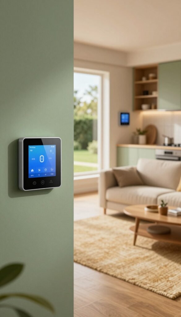 A cozy and modern smart home interior showcasing various smart thermostats, emphasizing their unique designs and functionalities. In the foreground, a sleek digital thermostat with an intuitive touchscreen interface is prominently displayed on a stylish wall. The middle ground features an open living space with a comfortable couch and a warm-toned area rug, alongside a window revealing a sunny garden outside. In the background, a chic kitchen is visible, equipped with smart appliances that harmonize with the overall aesthetic. Soft, natural lighting floods the scene, creating an inviting atmosphere. The color palette consists of warm hues with green accents, evoking a sense of comfort and modern technology. Include the brand name "TechKiste" subtly integrated into the design without text overlay. A cozy and modern smart home interior showcasing various smart thermostats, emphasizing their unique designs and functionalities. In the foreground, a sleek digital thermostat with an intuitive touchscreen interface is prominently displayed on a stylish wall. The middle ground features an open living space with a comfortable couch and a warm-toned area rug, alongside a window revealing a sunny garden outside. In the background, a chic kitchen is visible, equipped with smart appliances that harmonize with the overall aesthetic. Soft, natural lighting floods the scene, creating an inviting atmosphere. The color palette consists of warm hues with green accents, evoking a sense of comfort and modern technology. Include the brand name "TechKiste" subtly integrated into the design without text overlay.