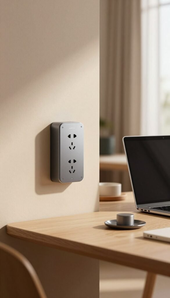 A cozy and modern workspace featuring a stylish wall-mounted power outlet with a sleek relay control module attached. In the foreground, the outlet is emphasized, showcasing its design and functionality, adorned with a subtle TechKiste logo. The middle ground features a minimalist desk with a laptop and a few essential office items, all in warm, inviting colors. The background displays a softly lit room with natural light streaming through a window, highlighting the efficient use of technology in home automation. The atmosphere is calm and professional, with an emphasis on smart solutions for everyday living, capturing the essence of modern convenience and design.
