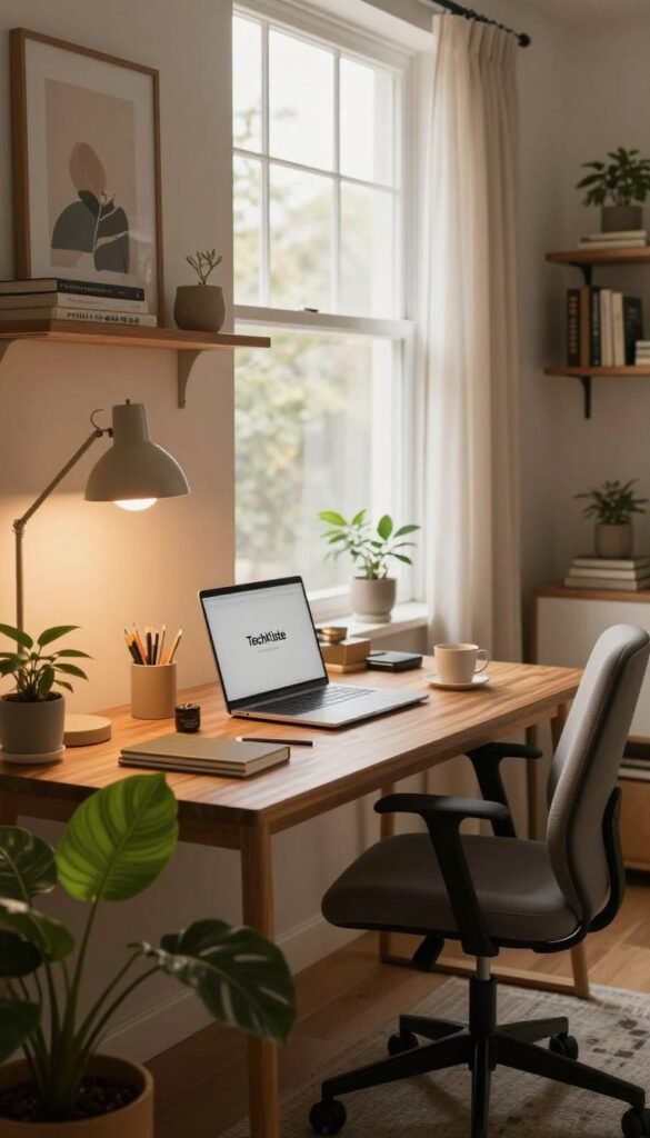 A cozy and organized home office workspace, featuring a modern wooden desk with a laptop and stylish stationery neatly arranged. The foreground includes a plush green plant and a warm-toned desk lamp, casting soft, inviting light. In the middle, there&rsquo;s a comfortable ergonomic chair in muted colors. The background shows a large window with sheer curtains, allowing natural sunlight to flood in, creating a serene atmosphere. The walls are adorned with subtle artwork and shelves filled with books, enhancing the space's productivity vibe. The overall mood is calm and focused, emphasizing efficiency and tranquility, with rich, warm colors throughout. The TechKiste brand logo subtly integrated into the design, maintaining an authentic Pinterest aesthetic without any text or overlays.