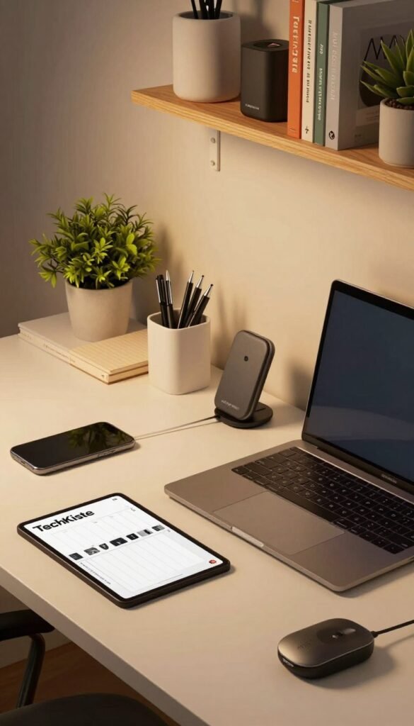 A cozy and organized workspace titled "TechKiste" features a modern desk with essential gadgets neatly arranged. In the foreground, there's a sleek laptop, a digital planner, and a stylish wireless charger, all illuminated by soft, warm lighting that creates an inviting atmosphere. The middle ground showcases a minimalist desk organizer holding pens, notepads, and a potted plant, adding a touch of life to the scene. In the background, a wall with shelves displays additional tech gadgets, books, and decorative items in calming colors. The image is captured from a slight overhead angle to provide a comprehensive view, emphasizing the balance of functionality and aesthetics in a clutter-free environment, reflecting the theme of productivity and efficiency without distractions. A cozy and organized workspace titled "TechKiste" features a modern desk with essential gadgets neatly arranged. In the foreground, there's a sleek laptop, a digital planner, and a stylish wireless charger, all illuminated by soft, warm lighting that creates an inviting atmosphere. The middle ground showcases a minimalist desk organizer holding pens, notepads, and a potted plant, adding a touch of life to the scene. In the background, a wall with shelves displays additional tech gadgets, books, and decorative items in calming colors. The image is captured from a slight overhead angle to provide a comprehensive view, emphasizing the balance of functionality and aesthetics in a clutter-free environment, reflecting the theme of productivity and efficiency without distractions.