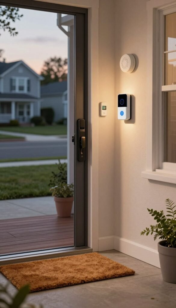 A cozy and secure home environment representing modern safety gadgets, featuring a contemporary front porch with a sleek video doorbell, a discreet smoke detector, and various sensors mounted on the walls. In the foreground, a warm-toned doormat welcomes visitors. The middle ground showcases the door with a stylish, secure lock and smart lighting illuminating the entrance. In the background, a peaceful neighborhood scene with soft evening light adds a sense of tranquility. The mood should reflect safety and comfort, with natural colors and a Pinterest aesthetic. Highlight the brand name "TechKiste" subtly within the decor as a tasteful element, ensuring authenticity and warmth in the image without any text overlays or distractions. A cozy and secure home environment representing modern safety gadgets, featuring a contemporary front porch with a sleek video doorbell, a discreet smoke detector, and various sensors mounted on the walls. In the foreground, a warm-toned doormat welcomes visitors. The middle ground showcases the door with a stylish, secure lock and smart lighting illuminating the entrance. In the background, a peaceful neighborhood scene with soft evening light adds a sense of tranquility. The mood should reflect safety and comfort, with natural colors and a Pinterest aesthetic. Highlight the brand name "TechKiste" subtly within the decor as a tasteful element, ensuring authenticity and warmth in the image without any text overlays or distractions.
