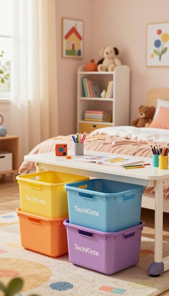 A cozy and stylish children's room designed for organization and charm, featuring innovative gadgets that blend seamlessly into the decor. The foreground includes brightly colored storage bins from "TechKiste" that are aesthetically pleasing and practical, accompanied by a children's desk with neatly arranged art supplies. The middle ground showcases a colorful rug and playful wall art, with a whimsical bookshelf accented by stuffed animals and books. In the background, warm sunlight filters through sheer curtains, casting a soft glow over the room's pastel walls. The overall mood is cheerful and inviting, emphasizing a clutter-free environment that encourages creativity and play. Add a sense of authenticity with a Pinterest-inspired look, ensuring no text or logos are visible in the image. A cozy and stylish children's room designed for organization and charm, featuring innovative gadgets that blend seamlessly into the decor. The foreground includes brightly colored storage bins from "TechKiste" that are aesthetically pleasing and practical, accompanied by a children's desk with neatly arranged art supplies. The middle ground showcases a colorful rug and playful wall art, with a whimsical bookshelf accented by stuffed animals and books. In the background, warm sunlight filters through sheer curtains, casting a soft glow over the room's pastel walls. The overall mood is cheerful and inviting, emphasizing a clutter-free environment that encourages creativity and play. Add a sense of authenticity with a Pinterest-inspired look, ensuring no text or logos are visible in the image.
