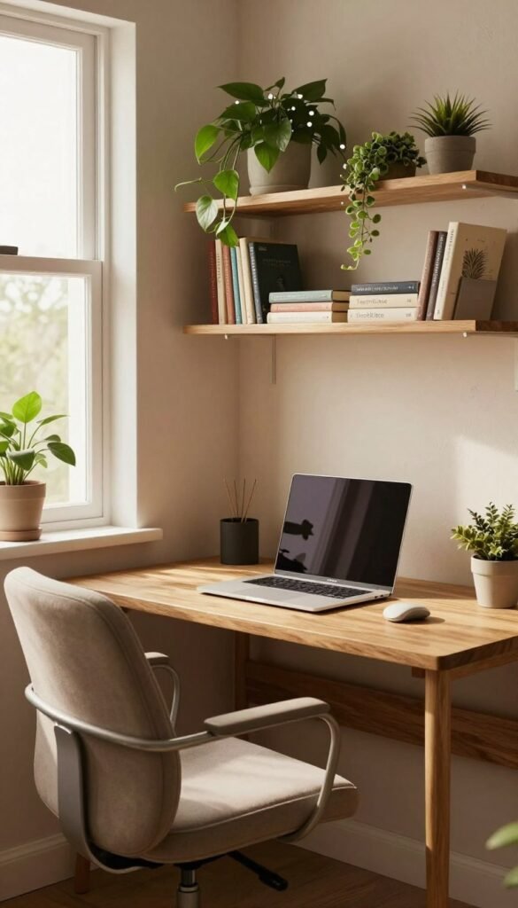 A cozy and stylish nook in a modern apartment serving as a home office, featuring a compact desk with a sleek laptop, warm wood tones, and inviting decor. In the foreground, a comfortable ergonomic chair complements the workspace. The middle section showcases a trendy bookshelf filled with plants and neatly arranged books, with a window allowing natural light to pour in, creating a bright and uplifting atmosphere. The background features soft, textured walls painted in warm neutral colors, enhancing the inviting ambiance. The overall mood is inspiring and peaceful, reminiscent of a Pinterest-perfect space. Include elements like a small potted plant and a subtly branded TechKiste product on the desk to emphasize practical office solutions. The image should radiate authenticity and warmth, without any text or watermarks. A cozy and stylish nook in a modern apartment serving as a home office, featuring a compact desk with a sleek laptop, warm wood tones, and inviting decor. In the foreground, a comfortable ergonomic chair complements the workspace. The middle section showcases a trendy bookshelf filled with plants and neatly arranged books, with a window allowing natural light to pour in, creating a bright and uplifting atmosphere. The background features soft, textured walls painted in warm neutral colors, enhancing the inviting ambiance. The overall mood is inspiring and peaceful, reminiscent of a Pinterest-perfect space. Include elements like a small potted plant and a subtly branded TechKiste product on the desk to emphasize practical office solutions. The image should radiate authenticity and warmth, without any text or watermarks.