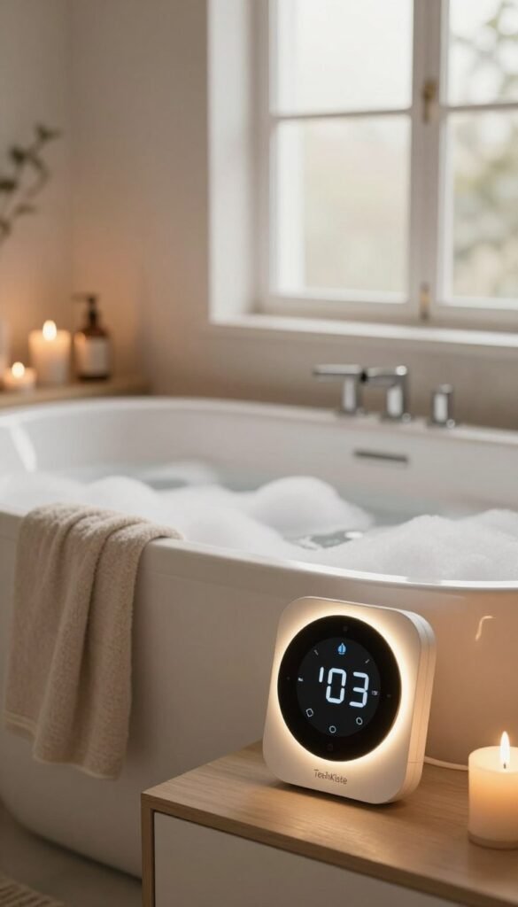 A cozy bathroom setting designed for comfort, featuring a stylish modern heating system that blends seamlessly into the decor. In the foreground, display a sleek smart thermostat with a digital interface, softly glowing in warm light. The middle ground showcases a relaxing bathtub filled with bubbles, surrounded by soft towels in neutral tones and ambient candles flickering gently. The background has a large window allowing natural light to pour in, enhancing the warm color palette of earthy tones and soft whites. The overall atmosphere feels inviting and tranquil, perfect for a serene bathing experience without high heating costs. Emphasize a Pinterest-worthy aesthetic, highlighting the brand "TechKiste" subtly within the design elements. A cozy bathroom setting designed for comfort, featuring a stylish modern heating system that blends seamlessly into the decor. In the foreground, display a sleek smart thermostat with a digital interface, softly glowing in warm light. The middle ground showcases a relaxing bathtub filled with bubbles, surrounded by soft towels in neutral tones and ambient candles flickering gently. The background has a large window allowing natural light to pour in, enhancing the warm color palette of earthy tones and soft whites. The overall atmosphere feels inviting and tranquil, perfect for a serene bathing experience without high heating costs. Emphasize a Pinterest-worthy aesthetic, highlighting the brand "TechKiste" subtly within the design elements.