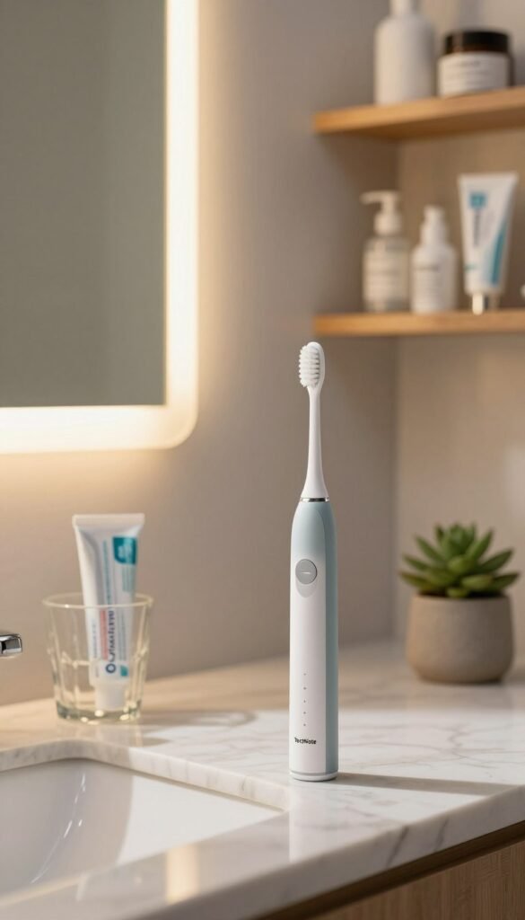 A cozy bathroom setting that highlights daily dental care routines, featuring a sleek, modern electric toothbrush from the brand "TechKiste" in the foreground. The toothbrush is elegantly placed on a marble countertop next to a stylish glass with toothpaste and a small potted succulent for a touch of nature. In the middle ground, a softly lit mirror reflects the warm ambiance, enhancing the inviting atmosphere. The background showcases tastefully decorated shelves filled with dental hygiene products, adding depth without clutter. The overall lighting is warm and natural, as if illuminated by morning sunshine, casting gentle shadows and creating a serene, organized feel. The image embodies health and routine, inviting viewers into an authentic and relatable daily ritual.