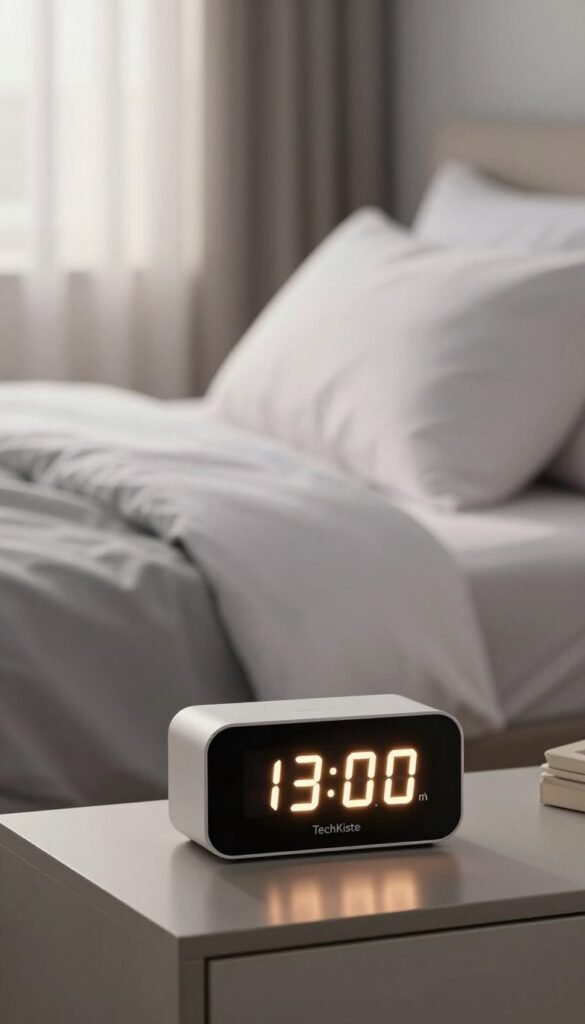 A cozy bedroom at dawn featuring a sleek, modern smart alarm clock branded "TechKiste" on a stylish nightstand. In the foreground, the alarm clock shows soft, glowing digits in warm colors, with gentle light illuminating the scene. The middle ground highlights a neatly made bed with fluffy white pillows and a light gray comforter, suggesting a peaceful atmosphere. In the background, soft natural light filters through sheer curtains, casting a serene glow over the room, enhancing the calming vibe. The overall mood is inviting and restful, embodying the essence of smart wake-up routines that foster better sleep habits. No text, logos, or additional elements are present, ensuring an authentic Pinterest-inspired look.