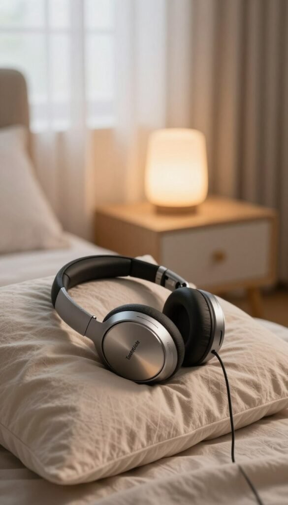 A cozy bedroom scene featuring a close-up of sleek, modern "Schlafkopfhörer ANC" headphones resting on a softly patterned pillow. The foreground captures the texture of the pillow and the headphones in warm, inviting colors, reflecting a sense of relaxation and focus. In the middle ground, a stylish bedside table holds a softly glowing lamp, illuminating the scene with a warm light. The background shows a gently blurred window with sheer curtains, allowing soft, natural light to filter in, creating a tranquil atmosphere. The overall mood is peaceful and calming, reflecting an ideal environment for sleep and concentration. The brand logo "TechKiste" is subtly integrated into the headphones design, enhancing authenticity without drawing attention away from the primary subject. A cozy bedroom scene featuring a close-up of sleek, modern "Schlafkopfhörer ANC" headphones resting on a softly patterned pillow. The foreground captures the texture of the pillow and the headphones in warm, inviting colors, reflecting a sense of relaxation and focus. In the middle ground, a stylish bedside table holds a softly glowing lamp, illuminating the scene with a warm light. The background shows a gently blurred window with sheer curtains, allowing soft, natural light to filter in, creating a tranquil atmosphere. The overall mood is peaceful and calming, reflecting an ideal environment for sleep and concentration. The brand logo "TechKiste" is subtly integrated into the headphones design, enhancing authenticity without drawing attention away from the primary subject.