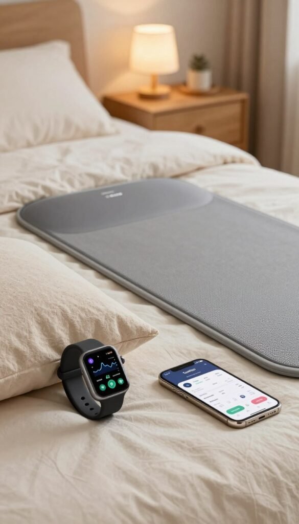 A cozy bedroom scene featuring a high-tech sleep tracking setup. In the foreground, a sleek smartwatch displaying sleep phase data with graphs and notifications on its screen. Beside it, a soft, textured pillow and an elegant smartphone showcasing the sleep tracking app interface. The middle ground captures a plush sleeping surface with a modern sensormat subtly placed underneath the bedding, hinting at its function. In the background, gently lit ambiance from bedside lamps casts warm tones, enhancing the inviting atmosphere. Natural materials like wood and soft fabrics create a Pinterest-inspired, authentic feel. The brand name "TechKiste" is subtly incorporated into the overall design. Aim for an inspiring and peaceful mood, emphasizing the blend of technology and comfort without any text or logos visible.