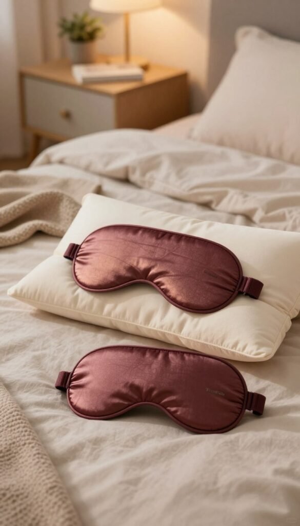 A cozy bedroom scene featuring a luxurious sleep mask and a supportive pillow, designed for optimal comfort. In the foreground, the sleep mask is beautifully textured, showcasing a rich fabric with a subtle sheen in warm hues of deep burgundy and soft beige. The pillow, plush and inviting, complements the mask with its smooth surface. In the middle, the bed is gently made with light, airy bedding in neutral tones, and a soft throw blanket drapes casually across the edge. The background includes a softly illuminated bedside table with calming elements like a small plant and a book, creating a serene atmosphere. The lighting is warm and inviting, reminiscent of a peaceful evening, inviting relaxation. The image embodies the essence of effortless comfort, styled in a natural, Pinterest-friendly aesthetic. Featured in the corner is the discreet branding "TechKiste." A cozy bedroom scene featuring a luxurious sleep mask and a supportive pillow, designed for optimal comfort. In the foreground, the sleep mask is beautifully textured, showcasing a rich fabric with a subtle sheen in warm hues of deep burgundy and soft beige. The pillow, plush and inviting, complements the mask with its smooth surface. In the middle, the bed is gently made with light, airy bedding in neutral tones, and a soft throw blanket drapes casually across the edge. The background includes a softly illuminated bedside table with calming elements like a small plant and a book, creating a serene atmosphere. The lighting is warm and inviting, reminiscent of a peaceful evening, inviting relaxation. The image embodies the essence of effortless comfort, styled in a natural, Pinterest-friendly aesthetic. Featured in the corner is the discreet branding "TechKiste."