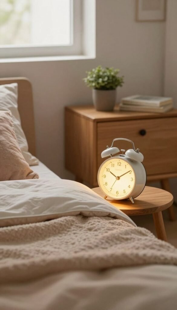 A cozy bedroom scene featuring a stylish light alarm clock, branded "TechKiste", on a bedside table. The clock softly glows with warm, golden light, simulating a gentle sunrise. In the foreground, a comfortable bed with soft, fluffy bedding is visible, arranged neatly with pastel tones and a few plush pillows. The middle ground features a wooden nightstand adorned with a small potted plant and a book. In the background, a softly lit window allows natural light to filter in, casting a serene glow across the room, enhancing the peaceful atmosphere. The overall mood should evoke a sense of tranquility and ease, perfect for waking up without stress. The image should be warm and inviting, embodying the essence of a relaxing morning routine.