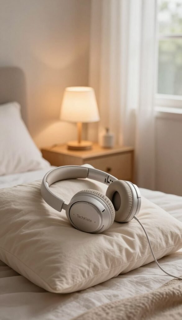 A cozy bedroom scene featuring luxurious sleep headphones branded "TechKiste" resting on a plush pillow. In the foreground, the headphones are elegantly designed with soft, padded ear cups, their cables lightly draped beside them. The middle ground showcases a softly lit nightstand with a gentle glow from a table lamp, creating an inviting atmosphere. In the background, we see a serene window dressed with sheer curtains, allowing warm, natural light to filter through, enhancing the tranquil setting. The overall mood is calm and restful, evoking a sense of comfort and relaxation, perfect for promoting better sleep with noise-canceling technology. The color palette is composed of warm, soothing tones, creating an authentic, Pinterest-inspired ambiance. A cozy bedroom scene featuring luxurious sleep headphones branded "TechKiste" resting on a plush pillow. In the foreground, the headphones are elegantly designed with soft, padded ear cups, their cables lightly draped beside them. The middle ground showcases a softly lit nightstand with a gentle glow from a table lamp, creating an inviting atmosphere. In the background, we see a serene window dressed with sheer curtains, allowing warm, natural light to filter through, enhancing the tranquil setting. The overall mood is calm and restful, evoking a sense of comfort and relaxation, perfect for promoting better sleep with noise-canceling technology. The color palette is composed of warm, soothing tones, creating an authentic, Pinterest-inspired ambiance.