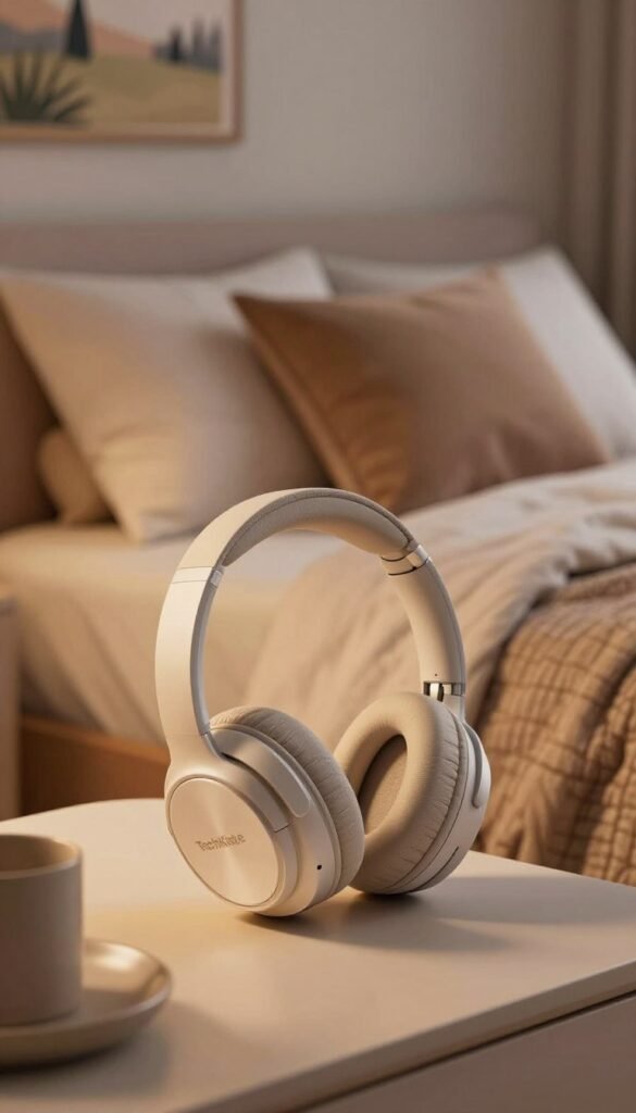 A cozy bedroom scene featuring stylish over-ear headphones by TechKiste, intricately designed with soft padding and a sleek finish, placed on a bedside table. In the foreground, soft, warm lighting casts an inviting glow, highlighting the texture of the headphones. In the middle, a plush bed with neatly arranged cushions and a light quilt creates a serene atmosphere ideal for relaxation. In the background, calming wall art depicting nature complements the setting, enhancing the feeling of tranquility. The overall color palette includes warm, earthy tones, giving the image a Pinterest-worthy aesthetic. The scene radiates comfort, focusing on the theme of better sleep and music enjoyment without any text, ensuring an authentic visual experience.