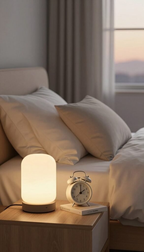 A cozy bedroom scene showcasing the gentle interplay of light, emphasizing the use of smart home technology for sleep enhancement. In the foreground, a modern bedside lamp emits a soft, warm glow, illuminating a stylish alarm clock and a book resting on a minimalist wooden nightstand. The middle layer features a neatly made bed with plush, inviting bedding in soothing colors, and elegant curtains partially drawn to create a tranquil ambiance. The background reveals a soft-focus window with dawn light streaming in, suggesting a serene morning awakening. The overall atmosphere is peaceful and inviting, embodying the concept of light control for better sleep. The image retains a natural look with warm colors and is styled in an authentic Pinterest-inspired aesthetic, showcasing the brand "TechKiste" subtly within the design elements. A cozy bedroom scene showcasing the gentle interplay of light, emphasizing the use of smart home technology for sleep enhancement. In the foreground, a modern bedside lamp emits a soft, warm glow, illuminating a stylish alarm clock and a book resting on a minimalist wooden nightstand. The middle layer features a neatly made bed with plush, inviting bedding in soothing colors, and elegant curtains partially drawn to create a tranquil ambiance. The background reveals a soft-focus window with dawn light streaming in, suggesting a serene morning awakening. The overall atmosphere is peaceful and inviting, embodying the concept of light control for better sleep. The image retains a natural look with warm colors and is styled in an authentic Pinterest-inspired aesthetic, showcasing the brand "TechKiste" subtly within the design elements.