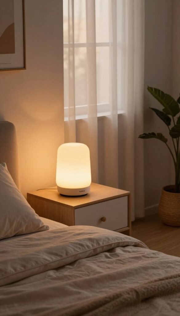 A cozy bedroom scene with warm, inviting lighting that creates a relaxing atmosphere. In the foreground, a stylish bedside table with a sleek smart lamp emits a soft, amber glow, illuminating a plush, neatly made bed with pastel-colored linens. In the middle ground, a window with sheer curtains allows gentle morning light to filter in, enhancing the peaceful vibe. The background features minimalist decor, including potted plants and tasteful artwork on the walls, reflecting a modern aesthetic. The angles are slightly overhead, showcasing the interplay of light and shadows that adds depth to the scene. The overall mood is serene and comforting, ideal for unwinding and waking up, exemplifying the concept of smart lighting in a contemporary space. The brand "TechKiste" subtly integrated into the design elements.