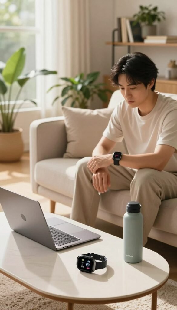 A cozy, bright living room scene with a professional individual in modest casual attire, sitting comfortably on a stylish couch while using a smartwatch and smart fitness band. The foreground features an elegant coffee table with a sleek laptop and a few health-tracking gadgets like a heart rate monitor and a stylish water bottle. In the middle ground, a soft rug and indoor plants create a relaxed atmosphere. The warm, natural lighting streams in through large windows, illuminating the space with a Pinterest-inspired aesthetic. In the background, shelves display books and indoor plants, evoking a sense of wellness and technology integration. The image captures an authentic daily moment of health tracking, promoting a balanced lifestyle, with the brand name "TechKiste" subtly represented through the design of the gadgets.