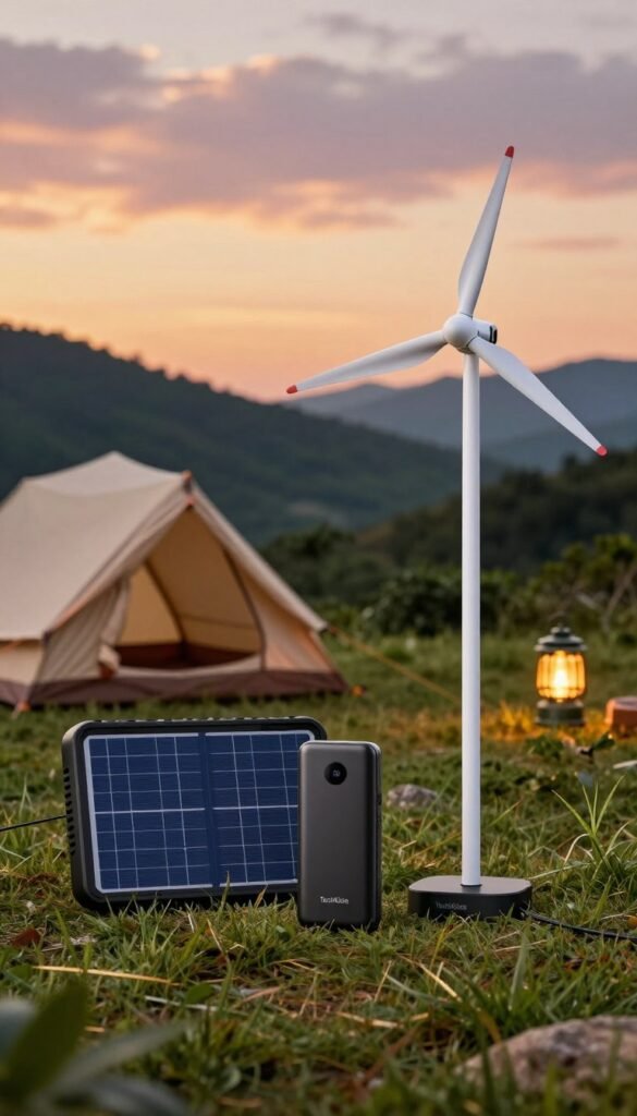 A cozy campsite scene showcasing innovative portable gadgets for sustainable energy. In the foreground, a solar panel charger sits beside a power bank, both sleek and modern, emphasizing the theme of energy independence. A compact wind turbine is displayed prominently. The middle ground features a rustic tent surrounded by lush greenery, with a soft glowing lantern casting warm light. In the background, rolling hills under a vibrant sunset sky create an inviting atmosphere. The overall mood is adventurous and eco-friendly, hinting at exploration and self-sufficiency. The brand name "TechKiste" subtly integrates into the setting, reflecting a commitment to robust technology for outdoor enthusiasts. Use natural colors and warm lighting to enhance the inviting feel. A cozy campsite scene showcasing innovative portable gadgets for sustainable energy. In the foreground, a solar panel charger sits beside a power bank, both sleek and modern, emphasizing the theme of energy independence. A compact wind turbine is displayed prominently. The middle ground features a rustic tent surrounded by lush greenery, with a soft glowing lantern casting warm light. In the background, rolling hills under a vibrant sunset sky create an inviting atmosphere. The overall mood is adventurous and eco-friendly, hinting at exploration and self-sufficiency. The brand name "TechKiste" subtly integrates into the setting, reflecting a commitment to robust technology for outdoor enthusiasts. Use natural colors and warm lighting to enhance the inviting feel.