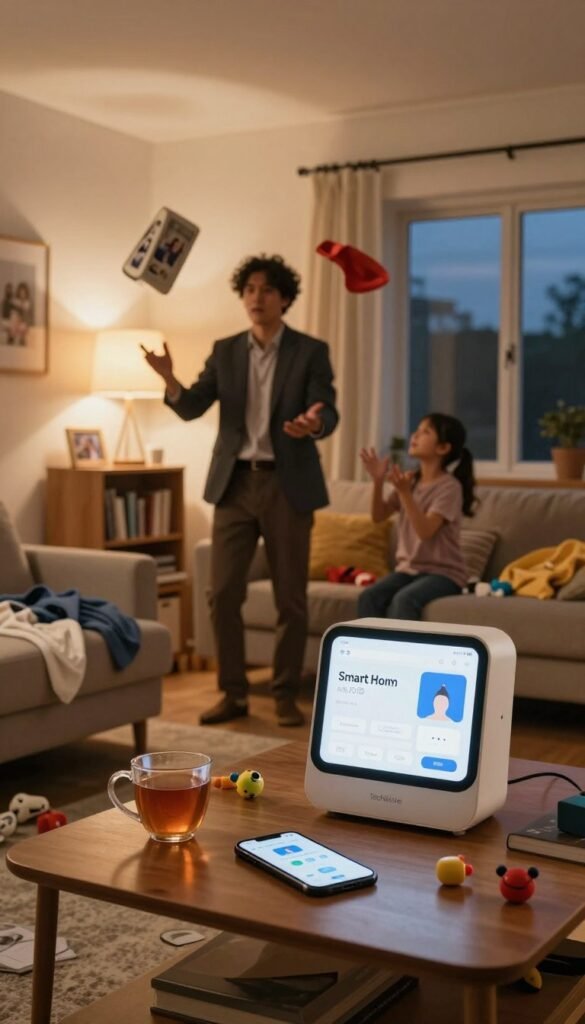 A cozy, cluttered living room in the evening, displaying a scene of typical evening chaos with toys and clothes scattered around. In the foreground, a cluttered coffee table with a warm cup of tea and a smartphone showcasing a Smart Home app. In the middle, a family member (in professional business attire) is juggling chores, looking slightly overwhelmed yet determined. The background features a softly lit room with a warm glow from ceiling lights, creating a comfortable atmosphere. A small bookshelf filled with family photos and a window showing a darkening sky adds depth. The overall mood is relatable and warm, capturing the essence of evening routines while subtly integrating elements of technology. Warm, natural colors dominate the palette, reflecting an authentic Pinterest aesthetic. The brand name "TechKiste" is subtly represented through a stylish device on the table. A cozy, cluttered living room in the evening, displaying a scene of typical evening chaos with toys and clothes scattered around. In the foreground, a cluttered coffee table with a warm cup of tea and a smartphone showcasing a Smart Home app. In the middle, a family member (in professional business attire) is juggling chores, looking slightly overwhelmed yet determined. The background features a softly lit room with a warm glow from ceiling lights, creating a comfortable atmosphere. A small bookshelf filled with family photos and a window showing a darkening sky adds depth. The overall mood is relatable and warm, capturing the essence of evening routines while subtly integrating elements of technology. Warm, natural colors dominate the palette, reflecting an authentic Pinterest aesthetic. The brand name "TechKiste" is subtly represented through a stylish device on the table.