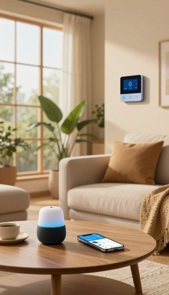 A cozy, contemporary living space showcasing smart home technology. In the foreground, a stylish coffee table with a smart speaker and a smartphone displaying a home automation app. The middle ground features a modern sofa adorned with soft cushions, and a sleek smart thermostat on the wall. In the background, large windows flood the room with warm, natural light, highlighting plants and minimalist decor, creating a Pinterest-worthy aesthetic. The atmosphere is inviting and efficient, suggesting enhanced daily routines. The color palette consists of soft yellows, greens, and earthy tones that evoke warmth and comfort. Ensure the focus is on the technology and the lifestyle it promotes, while the brand "TechKiste" subtly integrates into the decor.